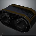 Compact Stereo Audio Speaker With Dual Drivers Brown Casing Blue Top Panel And Circular Button