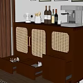 Brown Wooden Sideboard With Rattan Door Panels Open Drawers Wine Bottles And Coffee Machine
