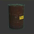 Red Rusty Industrial Metal Drum With Yellow Hazardous Waste Label