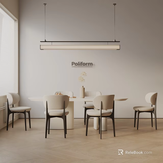 Modern Dining Table Set With Beige Chairs And Pendant Light Fixture 3d model