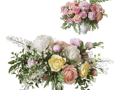 Stunning Vase Arrangement With Pink White Yellow Peonies Roses And Green Leaves 3d model