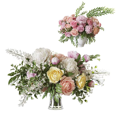 Stunning Vase Arrangement With Pink White Yellow Peonies Roses And Green Leaves 3d model