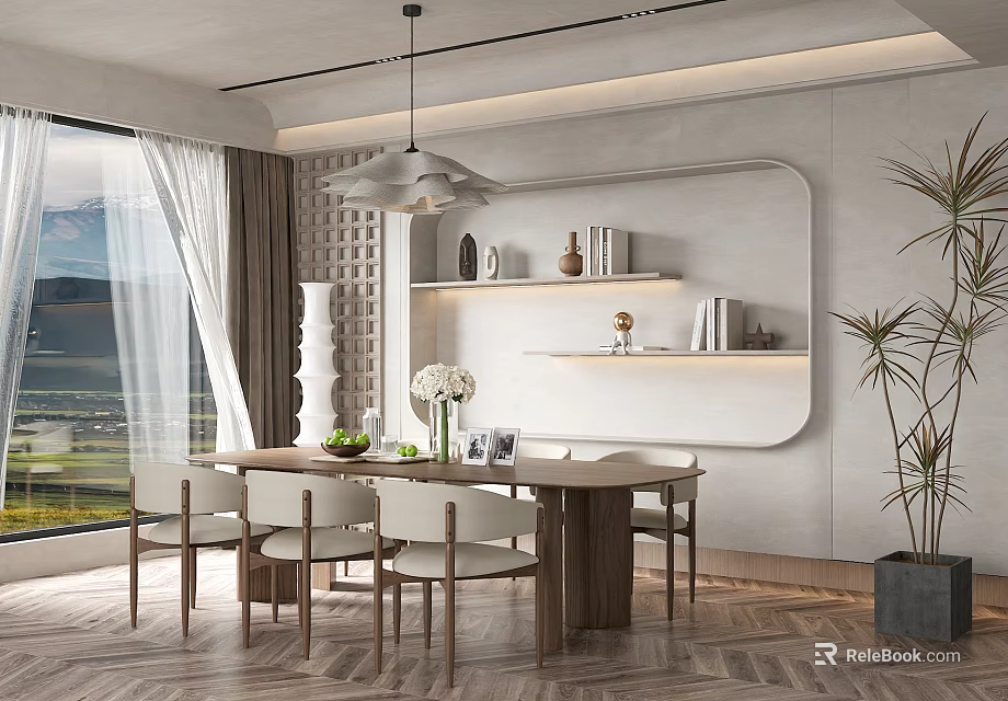 Modern Restaurant Interior with Wooden Dining Table Chairs Pendant Light Wall Shelves and Decorative Items 3d model 