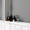 White Sideboard Cabinet With Drawers Kitchen Accessories On Gray Wall And Wooden Floor