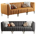 Orange And Gray Leather Three Seater Sofa With Vertical Striped Design And Decorative Pillows