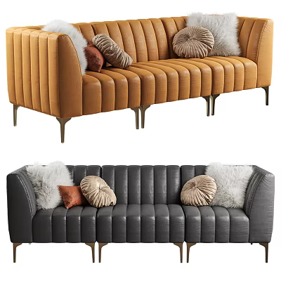 Orange And Gray Leather Three Seater Sofa With Vertical Striped Design And Decorative Pillows 3d model