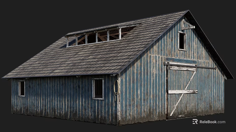 Old Blue Barn With Corrugated Metal Walls Gray Shingle Roof Windows And Large Wooden Door 3d model 