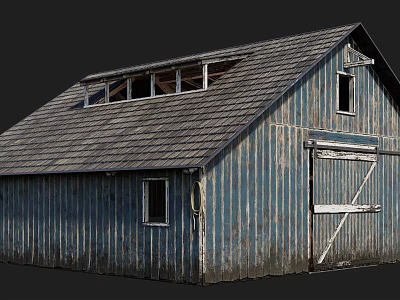 Old Blue Barn With Corrugated Metal Walls Gray Shingle Roof Windows And Large Wooden Door 3d model