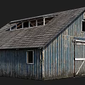 Old Blue Barn With Corrugated Metal Walls Gray Shingle Roof Windows And Large Wooden Door