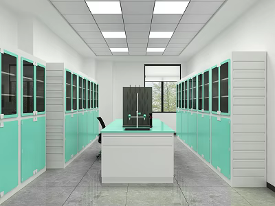 Modern Laboratory Interior With Green Cabinets White Countertop Workbench Chair and Windows 3d model