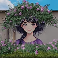 Feature Wall with Girl Mural Purple Flowers Green Plants and Blue Sky Backdrop