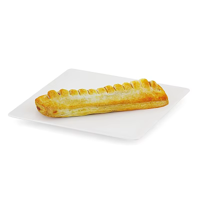 Golden Brown Long Flaky Pastry On White Rectangular Plate With Scored Top 3d model