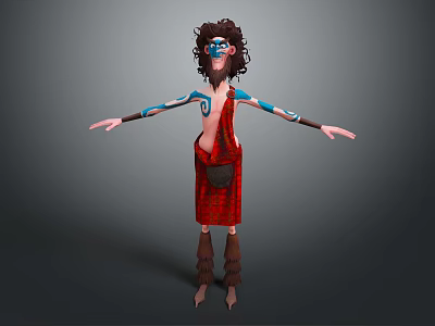 Game Movie Character Featuring Curly Hair Blue Facial Patterns Red Plaid Skirt Brown Fringed Boots 3d model