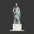 Medieval Knight Statue Wearing Armor Holding Green Shield On Stone Base