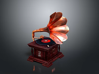 Classic Vintage Gramophone Featuring Copper Horn Carved Wooden Base And Black Turntable 3d model