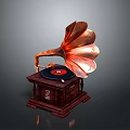 Classic Vintage Gramophone Featuring Copper Horn Carved Wooden Base And Black Turntable