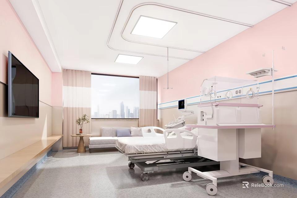 Pink Maternity Ward Interior With Hospital Bed Neonatal Incubator Sofa TV And Window View 3d model 