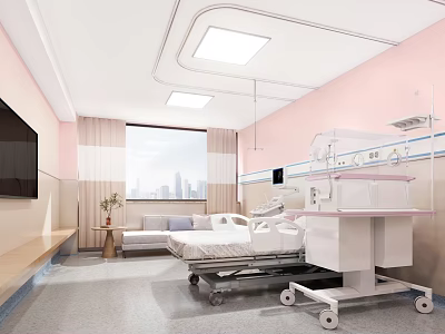 Pink Maternity Ward Interior With Hospital Bed Neonatal Incubator Sofa TV And Window View 3d model
