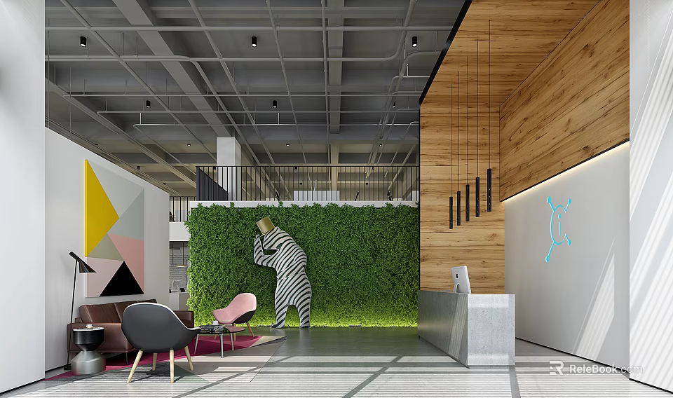 Modern Front Desk Reception Interior With Green Plant Wall Wooden Panel And Hanging Lights 3d model 