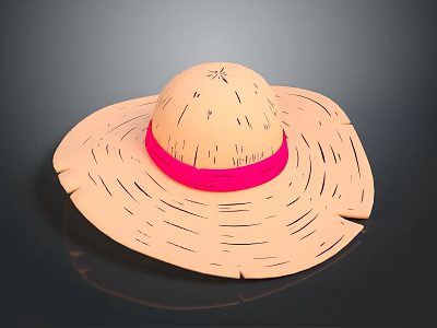 Light Brown Straw Hat With Wide Brim Pink Band And Striped Texture 3d model