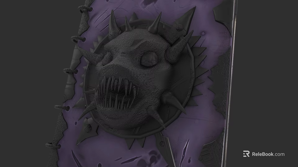 Fantasy Book Cover Design With Monster Head Spikes And Purple Leather Texture 3d model 