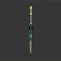 Futuristic Green And Gold Weapon With Red Circular Detail And Golden Tip Base Design
