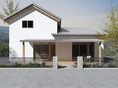 Modern Detached House Exterior With White Walls Gray Roof Wooden Porch And Courtyard 3d model