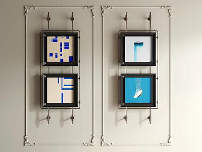 Blue and White Abstract Paintings with Geometric Patterns in Black Frames on White Wall 3d model