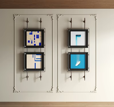 Blue and White Abstract Paintings with Geometric Patterns in Black Frames on White Wall 3d model