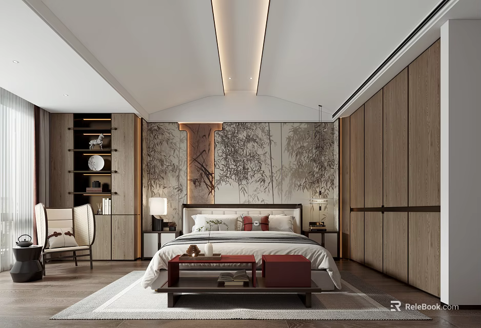 Modern Chinese Bedroom Interior With Wooden Wardrobe Decorative Wall Art Bedside Lamps And Area Rug 3d model 