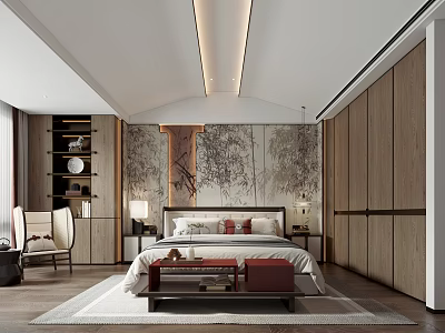 Modern Chinese Bedroom Interior With Wooden Wardrobe Decorative Wall Art Bedside Lamps And Area Rug 3d model