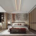 Modern Chinese Bedroom Interior With Wooden Wardrobe Decorative Wall Art Bedside Lamps And Area Rug