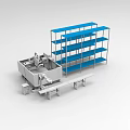 Industrial Equipment Setup with Large Machinery Blue Metal Shelves and Workbench