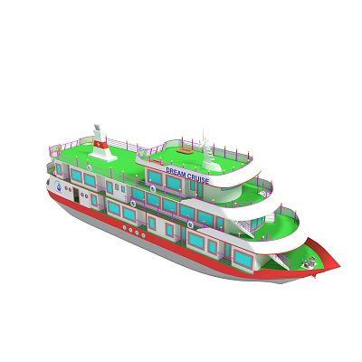 REAL LOVE Yacht With Multi Deck Green Upper Deck Red Hull Windows And Railing 3d model