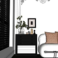 Dark Gray Dresser With Drawers Near White Sofa Orange Pillows Green Plant Framed Art And Black Shutters