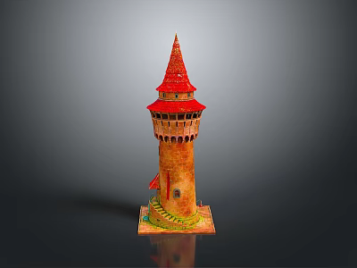 Ornamental Tower Shaped Furniture With Red Spire Yellow Body And Green Base 3d model