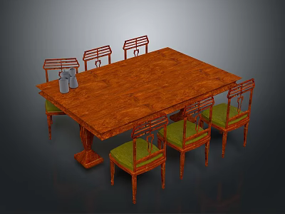Classic Wooden Dining Table with Six Chairs Green Cushions and Silver Vases 3d model