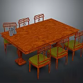 Classic Wooden Dining Table with Six Chairs Green Cushions and Silver Vases