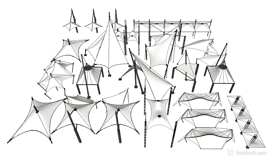 Tensile Membrane Structure Modern Design Featuring Architectural Support Frameworks and Construction Elements 3d model 