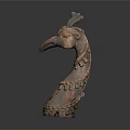 Ancient Terracotta Bird Head Sculpture with Reddish Brown Color and Crest Feather Decoration