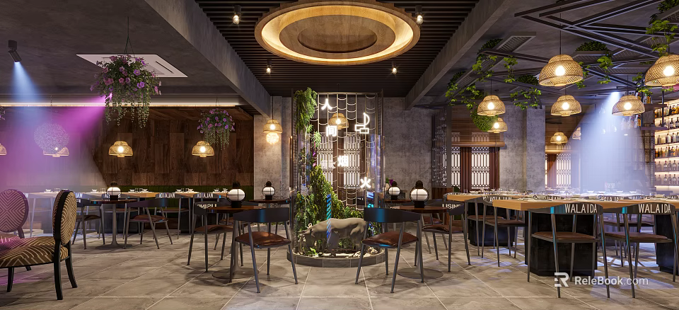 Elegant Restaurant Interior Design With Wooden Decor Hanging Lights Plants And Dining Tables 3d model 