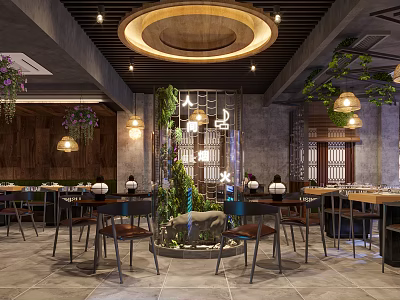 Elegant Restaurant Interior Design With Wooden Decor Hanging Lights Plants And Dining Tables 3d model