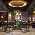 Elegant Restaurant Interior Design With Wooden Decor Hanging Lights Plants And Dining Tables