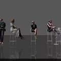 Group of People Sitting on Bar Stools in Different Poses Against Grey Background