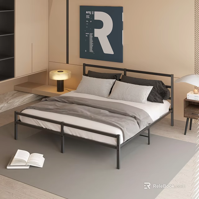 Modern Double Bed with Metal Frame Gray Bedding Nightstand Lamp Open Book and Artwork 3d model 