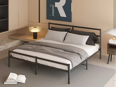 Modern Double Bed with Metal Frame Gray Bedding Nightstand Lamp Open Book and Artwork 3d model
