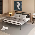 Modern Double Bed with Metal Frame Gray Bedding Nightstand Lamp Open Book and Artwork