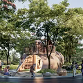Outdoor Kids Play Area with Natural Trees Grass and Safe Play Structures