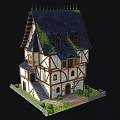 Half-Timbered Medieval House with Dark Roof Green Ivy Small Windows Stairs And Lawn