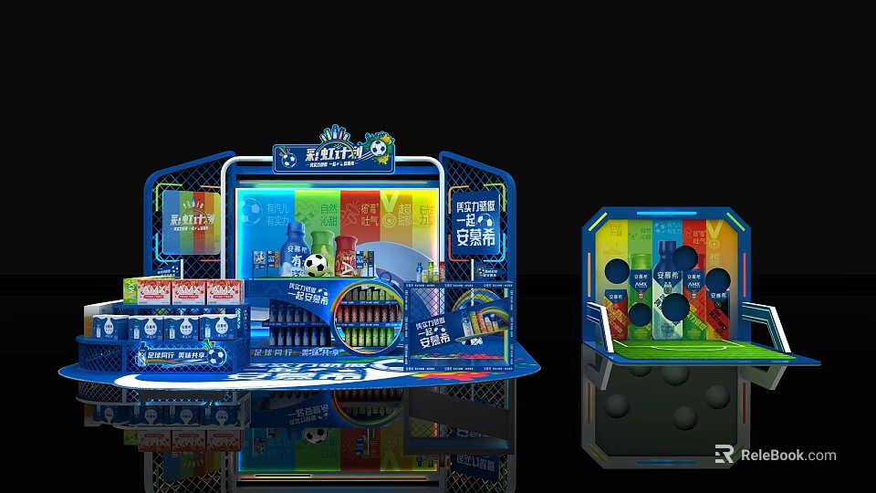 Colorful Champions League Themed Display Cabinet With Blue Frame And Drinks 3d model 